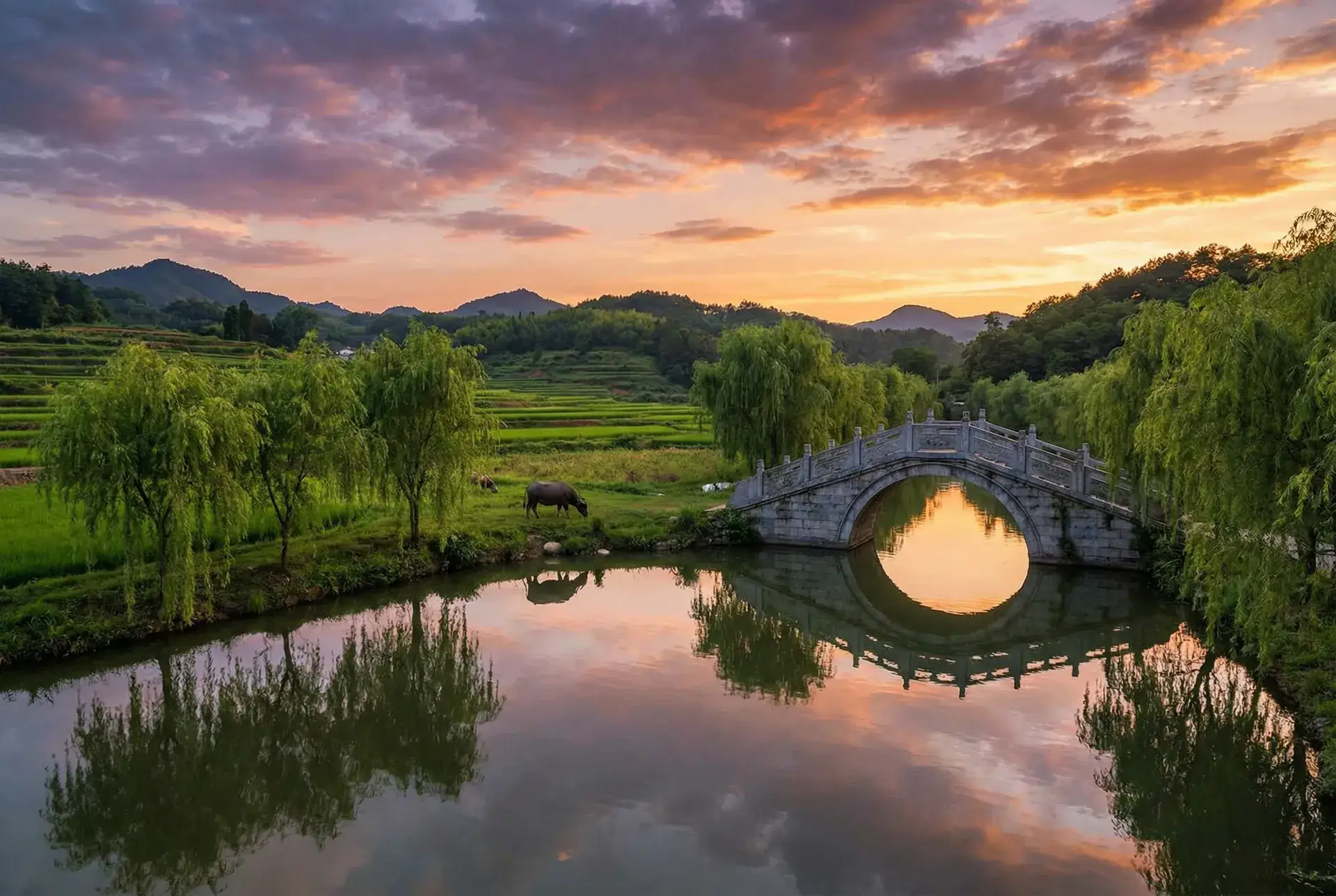 夕阳下的石拱桥与垂柳，水牛在河边吃草 - 吴孟达的四个老婆照片 乡村美景